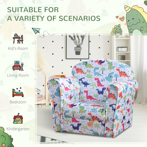 HOMCOM Children Armchair Kids Sofa Tub Chair Seat Cartoon Dinosaur Pattern Bedroom Flannel Wooden Frame Non-slip Playroom Seater Aosom UK