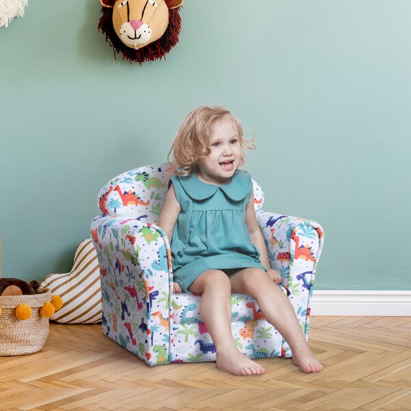 HOMCOM Children Armchair Kids Sofa Tub Chair Seat Cartoon Dinosaur Pattern Bedroom Flannel Wooden Frame Non-slip Playroom Seater Aosom UK