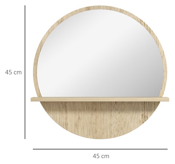 Kleankin Decorative Wall Mirror: 45cm Circular Bathroom Mirror with Storage Shelf, Wooden Frame, Natural Wood Effect Aosom UK