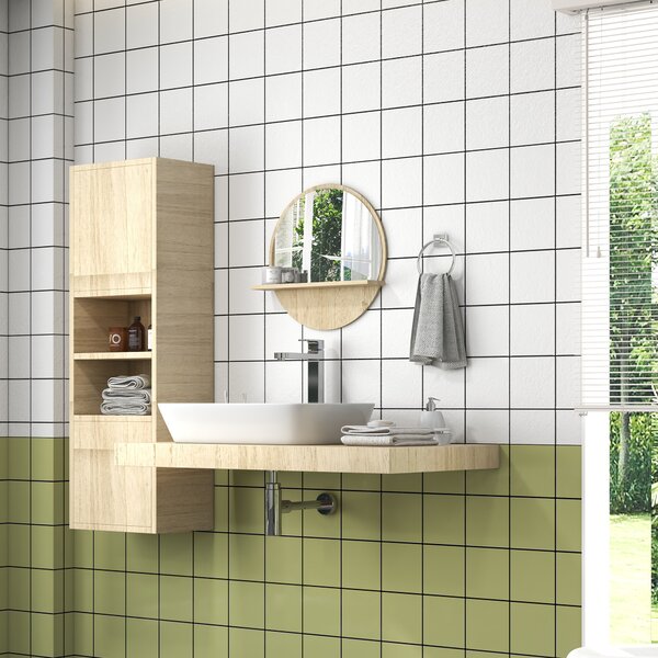 Kleankin Decorative Wall Mirror: 45cm Circular Bathroom Mirror with Storage Shelf, Wooden Frame, Natural Wood Effect Aosom UK