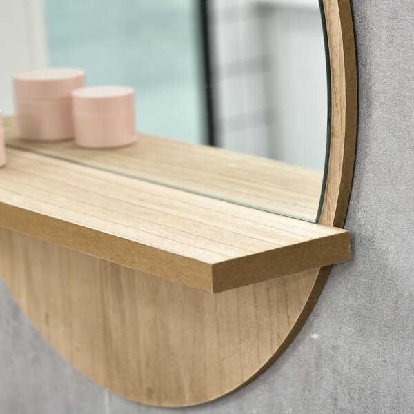 Kleankin Decorative Wall Mirror: 45cm Circular Bathroom Mirror with Storage Shelf, Wooden Frame, Natural Wood Effect Aosom UK