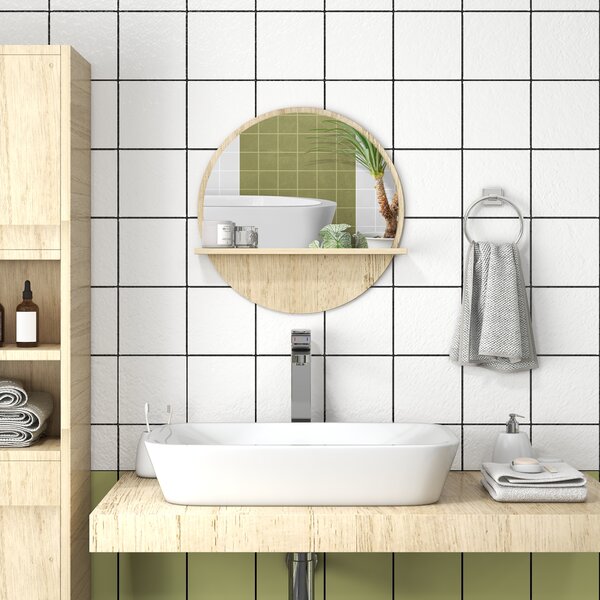 Kleankin Decorative Wall Mirror: 45cm Circular Bathroom Mirror with Storage Shelf, Wooden Frame, Natural Wood Effect Aosom UK