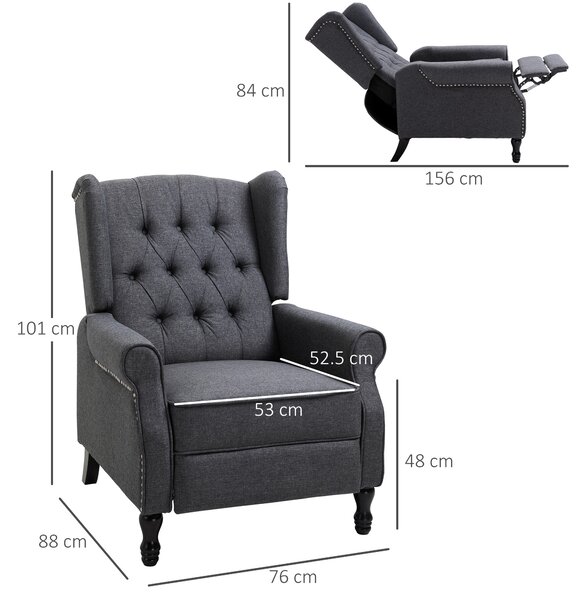 HOMCOM Recliner Armchair for Living Room, Reclining Chair, Wingback Chair with Button Tufted Back and Footrest, Dark Grey