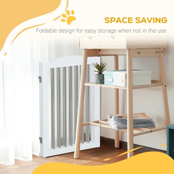 PawHut Foldable Dog Gate, Wooden Freestanding Pet Gate with 2 Support Feet, Dog Barrier for Doorways, Stairs, Halls - White Aosom UK