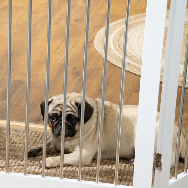 PawHut Foldable Dog Gate, Wooden Freestanding Pet Gate with 2 Support Feet, Dog Barrier for Doorways, Stairs, Halls - White Aosom UK