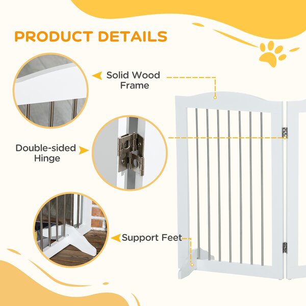 PawHut Foldable Dog Gate, Wooden Freestanding Pet Gate with 2 Support Feet, Dog Barrier for Doorways, Stairs, Halls - White Aosom UK