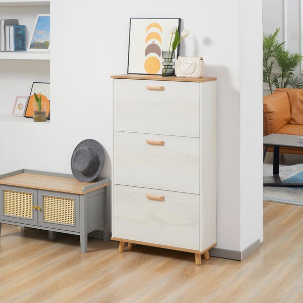 HOMCOM Slim Shoe Storage Cabinet, Narrow Shoe Organizer with 3 Flip Drawers, Adjustable Shelves, for 12 Pairs - Cream White Aosom UK