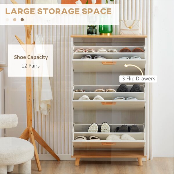 HOMCOM Slim Shoe Storage Cabinet, Narrow Shoe Organizer with 3 Flip Drawers, Adjustable Shelves, for 12 Pairs - Cream White Aosom UK