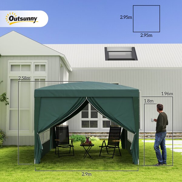 Outsunny 3 x 3m Waterproof Gazebo, Metal Frame Pop Up Canopy Tent with Side Panels, Windows & Carry Bag, Green Aosom UK