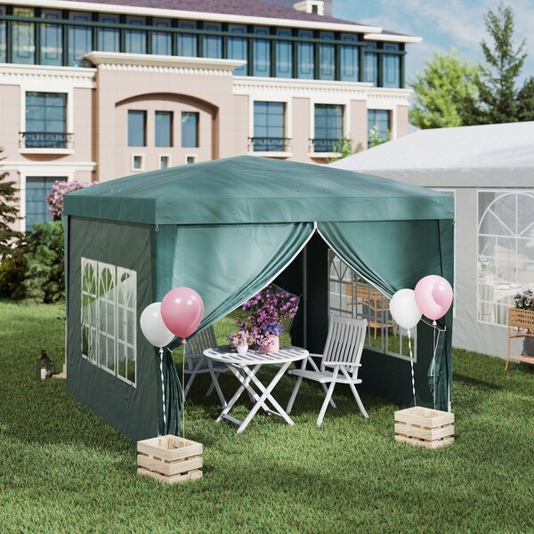 Outsunny 3 x 3m Waterproof Gazebo, Metal Frame Pop Up Canopy Tent with Side Panels, Windows & Carry Bag, Green Aosom UK