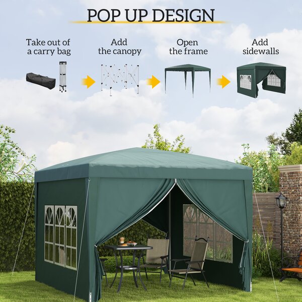 Outsunny 3 x 3m Waterproof Gazebo, Metal Frame Pop Up Canopy Tent with Side Panels, Windows & Carry Bag, Green Aosom UK