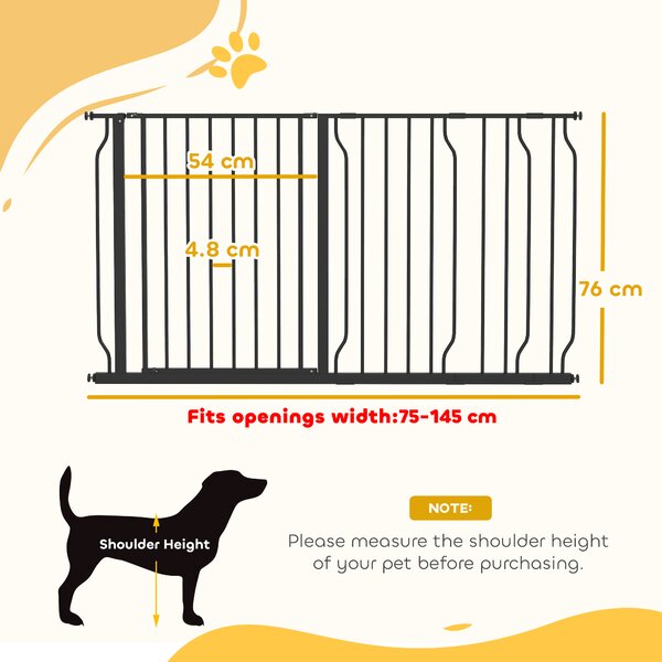 PawHut 75-145cm Dog Gate Extra Wide Stairway Gate for Pet,Pressure Fit Stair Gate for Doorways, Hallways, Staircases, Black Aosom UK