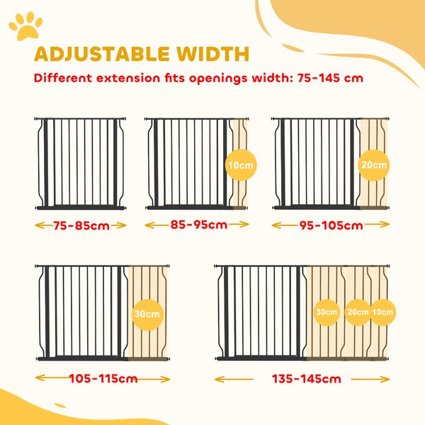 PawHut 75-145cm Dog Gate Extra Wide Stairway Gate for Pet,Pressure Fit Stair Gate for Doorways, Hallways, Staircases, Black Aosom UK