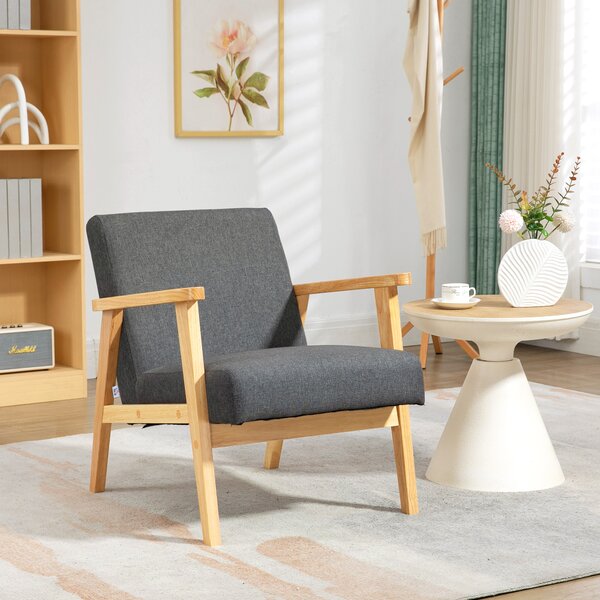 HOMCOM Fabric Accent Chair for Living Room, Anti-Cat-Scratch Armchair with Rubber Wood Frame and Padded Cushion, Dark Grey Aosom UK