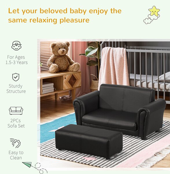 HOMCOM 2 Seater Toddler Chair Kids Twin Sofa Childrens Double Seat Chair Furniture Armchair Boys Girls Couch w/ Footstool (Black) Aosom UK