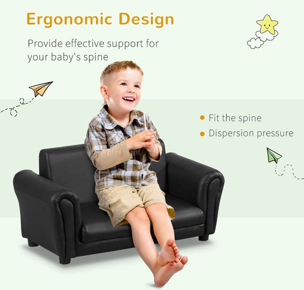 HOMCOM 2 Seater Toddler Chair Kids Twin Sofa Childrens Double Seat Chair Furniture Armchair Boys Girls Couch w/ Footstool (Black) Aosom UK