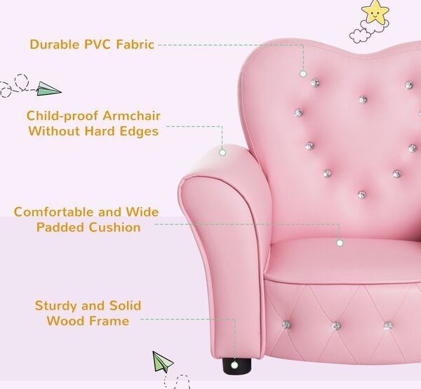 HOMCOM Kids Toddler Chair Sofa Children Armchair Seating Relax Playroom Seater Girl Princess Pink Aosom UK