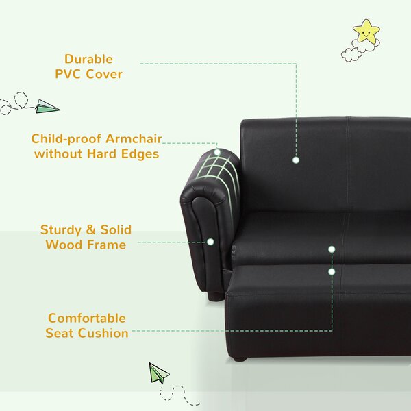 HOMCOM 2 Seater Toddler Chair Kids Twin Sofa Childrens Double Seat Chair Furniture Armchair Boys Girls Couch w/ Footstool (Black) Aosom UK