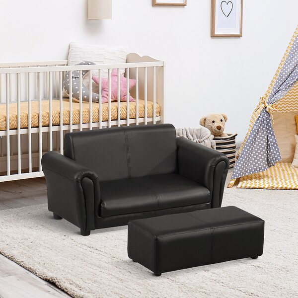 HOMCOM 2 Seater Toddler Chair Kids Twin Sofa Childrens Double Seat Chair Furniture Armchair Boys Girls Couch w/ Footstool (Black) Aosom UK