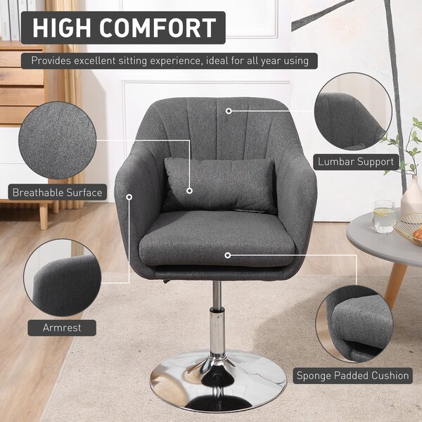 HOMCOM Swivel Accent Chair, Anti-Cat-Scratch Vanity Armchair with Adjustable Height Thick Cushion Lumbar Support Armrest for Bedroom Aosom UK