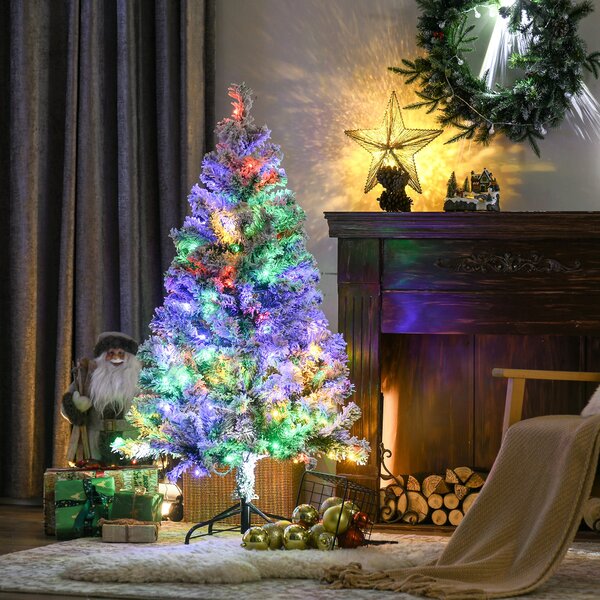 HOMCOM 4.5' Artificial Snow Christmas Trees with Frosted Branches, Warm White or Colourful LED Lights, Steel Base Aosom UK