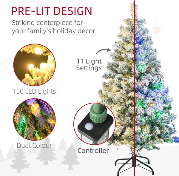 HOMCOM 4.5' Artificial Snow Christmas Trees with Frosted Branches, Warm White or Colourful LED Lights, Steel Base Aosom UK