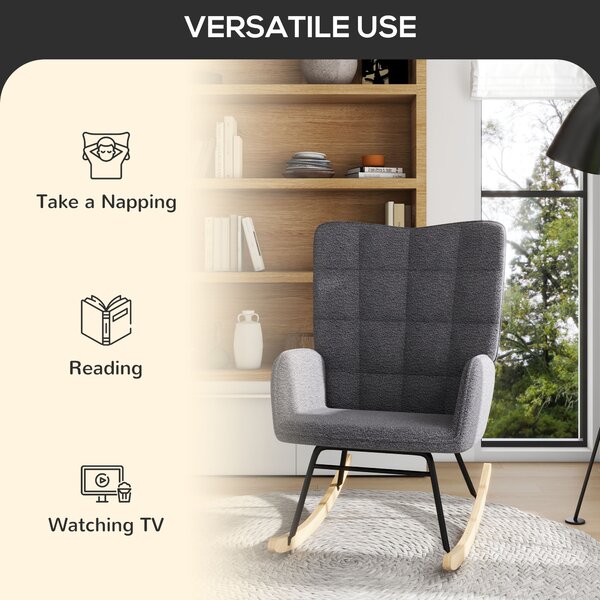 HOMCOM Wingback Rocking Chair for Nursing, Berber Fleece Nursery Glider Rocker, Modern Armchair for Living Room, Dark Grey Aosom UK