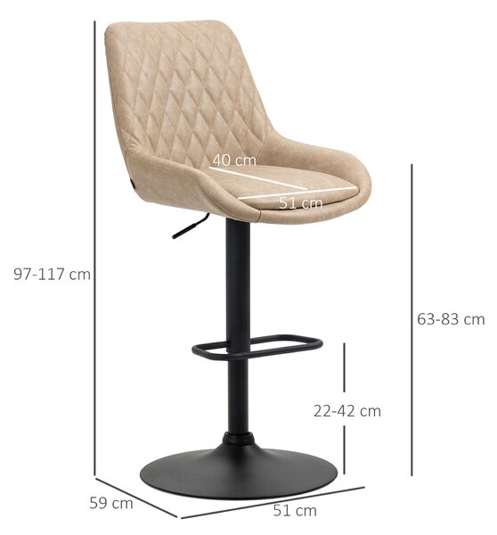 HOMCOM Retro Bar Chairs Set of 2, Adjustable Counter Bar Stool, Upholstered Bar Stools with Back, Swivel Seat, Light Khaki Aosom UK