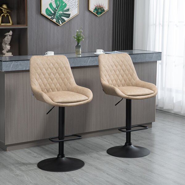 HOMCOM Retro Bar Chairs Set of 2, Adjustable Counter Bar Stool, Upholstered Bar Stools with Back, Swivel Seat, Light Khaki Aosom UK