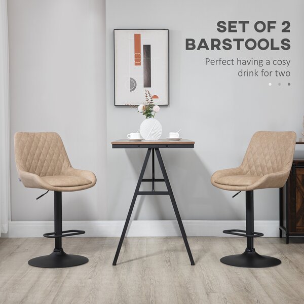 HOMCOM Retro Bar Chairs Set of 2, Adjustable Counter Bar Stool, Upholstered Bar Stools with Back, Swivel Seat, Light Khaki Aosom UK