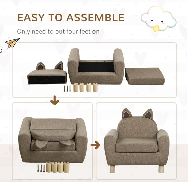 HOMCOM Kids Sofa Toddler Chair Children Armchair for Preschool Bedroom Playroom with Ear Modeling Wood, Cat Scratch Resistant, Brown Aosom UK