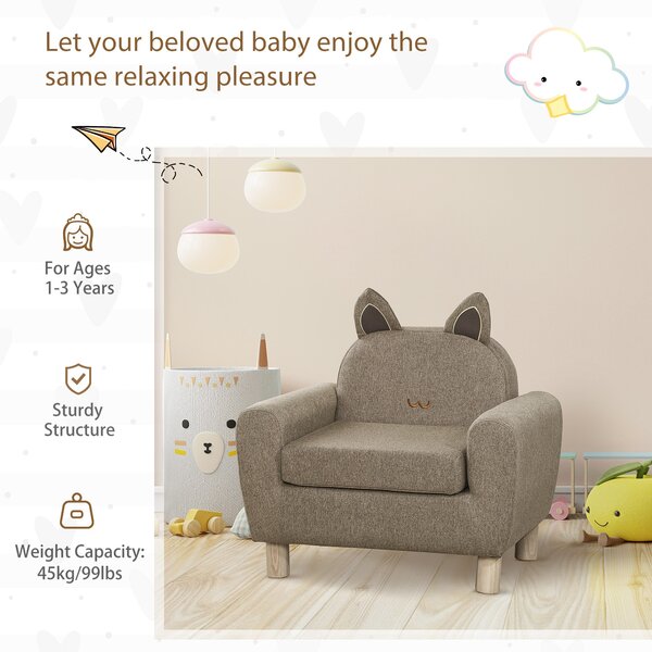 HOMCOM Kids Sofa Toddler Chair Children Armchair for Preschool Bedroom Playroom with Ear Modeling Wood, Cat Scratch Resistant, Brown Aosom UK