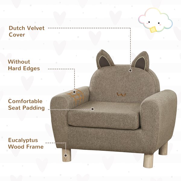 HOMCOM Kids Sofa Toddler Chair Children Armchair for Preschool Bedroom Playroom with Ear Modeling Wood, Cat Scratch Resistant, Brown Aosom UK