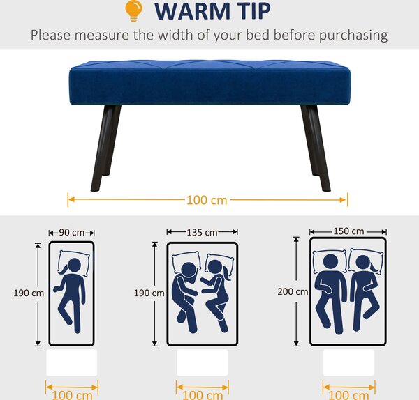 HOMCOM Upholstered Bedroom Bench with X-Shape Steel Legs, Elegant Hallway Bench for End of Bed, Blue Aosom UK