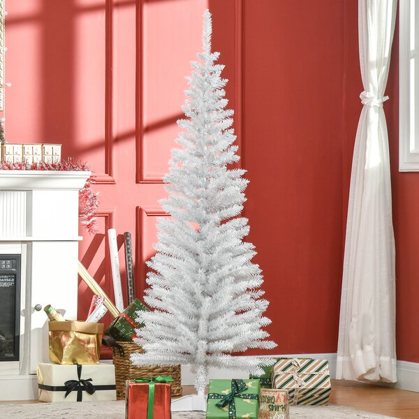 HOMCOM 5T Artificial Pine Pencil Slim Tall Christmas Tree with Branch Tips Xmas Holiday Décor with Stand White Aosom UK