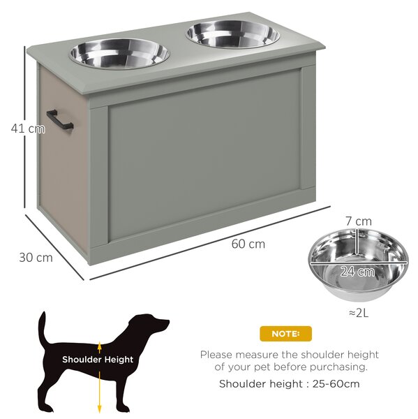 PawHut Elevated Dog Bowls, Pet Feeding Station with Storage, Dual Stainless Steel Bowls, for Large Dogs, Grey Aosom UK