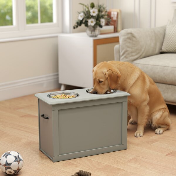 PawHut Elevated Dog Bowls, Pet Feeding Station with Storage, Dual Stainless Steel Bowls, for Large Dogs, Grey Aosom UK