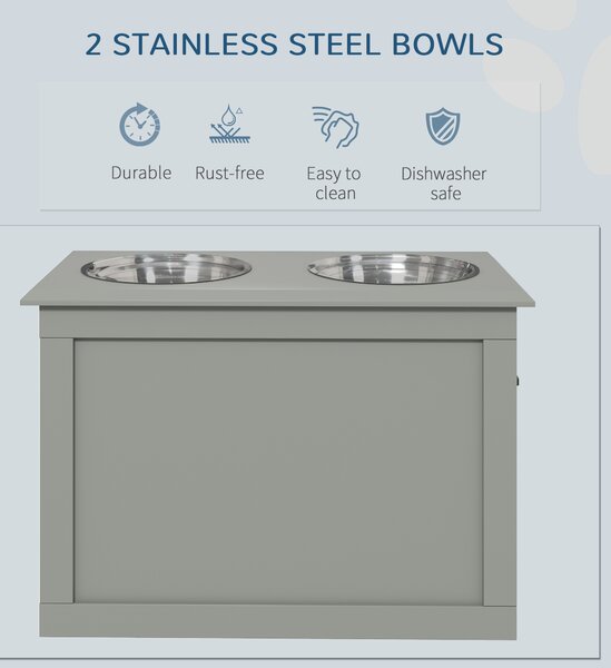 PawHut Elevated Dog Bowls, Pet Feeding Station with Storage, Dual Stainless Steel Bowls, for Large Dogs, Grey Aosom UK