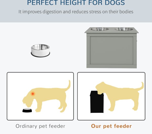 PawHut Elevated Dog Bowls, Pet Feeding Station with Storage, Dual Stainless Steel Bowls, for Large Dogs, Grey Aosom UK