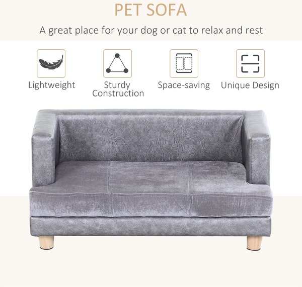 PawHut Dog Sofa Bed for Small-Sized Dogs, Elevated Pet Chair with PU Cover, Soft Cushion, Cat Couch Lounger with Anti-slip Legs - Grey
