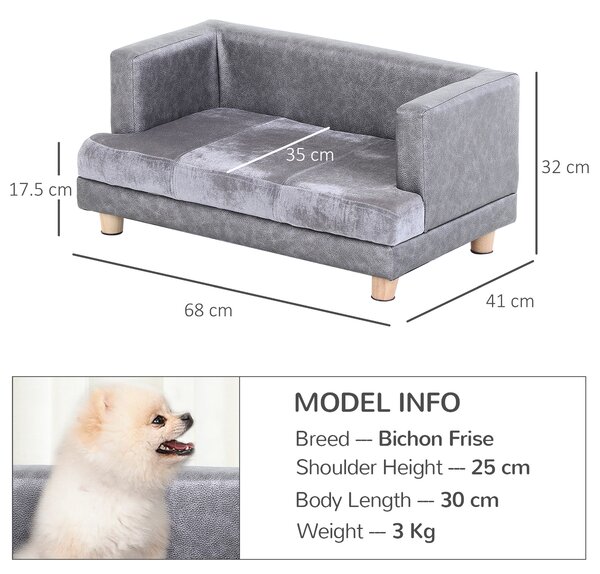 PawHut Dog Sofa Bed for Small-Sized Dogs, Elevated Pet Chair with PU Cover, Soft Cushion, Cat Couch Lounger with Anti-slip Legs - Grey