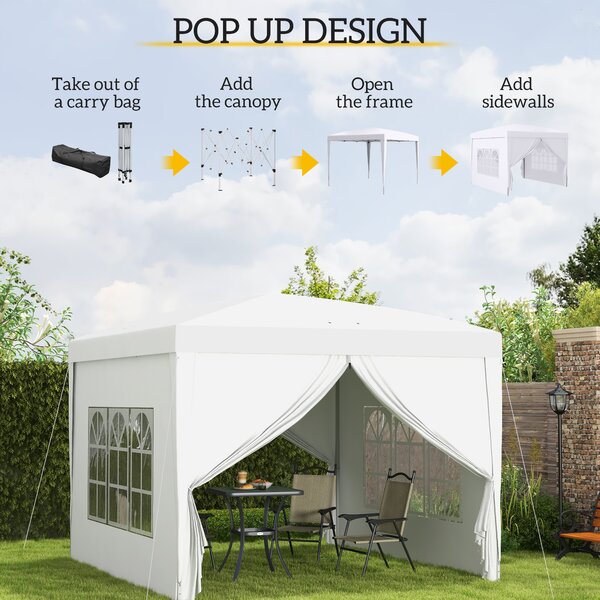 Outsunny 3 x 3m Pop Up Gazebo with Sides, Steel Frame Tent, Garden Marquee with Carry Bag and Windows, White Aosom UK