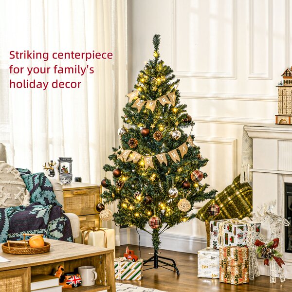 HOMCOM 5' Artificial Prelit Christmas Trees Holiday Décor with Warm White LED Lights, Decoration, Banner, Tag, Ball Aosom UK