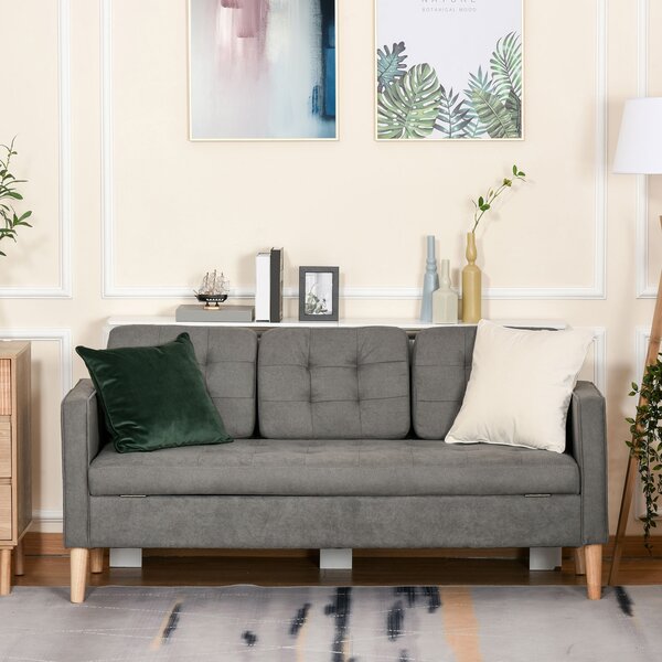 HOMCOM Modern 3-Seater Sofa Button-Tufted Fabric Couch with Hidden Storage Rubberwood Legs for Living Room, Grey
