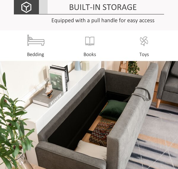 HOMCOM Modern 3-Seater Sofa Button-Tufted Fabric Couch with Hidden Storage Rubberwood Legs for Living Room, Grey