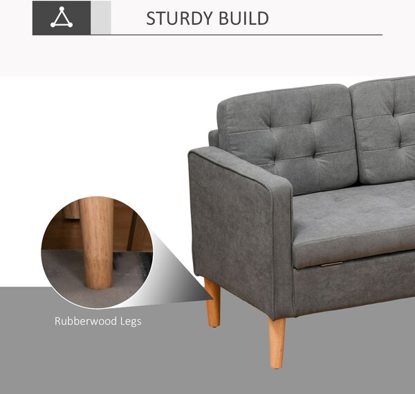 HOMCOM Modern 3-Seater Sofa Button-Tufted Fabric Couch with Hidden Storage Rubberwood Legs for Living Room, Grey