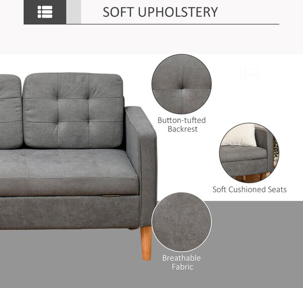 HOMCOM Modern 3-Seater Sofa Button-Tufted Fabric Couch with Hidden Storage Rubberwood Legs for Living Room, Grey