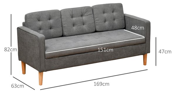 HOMCOM Modern 3-Seater Sofa Button-Tufted Fabric Couch with Hidden Storage Rubberwood Legs for Living Room, Grey