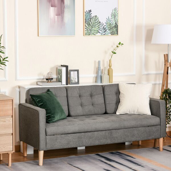 HOMCOM Modern 3-Seater Sofa Button-Tufted Fabric Couch with Hidden Storage Rubberwood Legs for Living Room, Grey