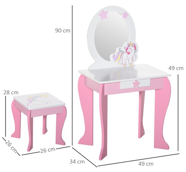 HOMCOM Kids Dressing Table, Girls Dressing Table w/ Mirror & Stool, Unicorn Play Toy for Age 3-6 Years, Acrylic Mirror, Pink & White Aosom UK
